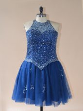 Royal Blue Tulle Lace Up Sleeveless Mini Length Beading