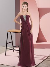 Hot Sale Burgundy Chiffon Zipper Sweetheart Sleeveless Floor Length Glitz Pageant Dress Beading