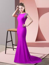 Mermaid Short Sleeves Fuchsia Going Out Dresses Brush Train Backless