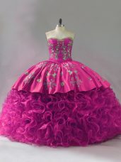 Stylish Fuchsia Ball Gowns Fabric With Rolling Flowers Sweetheart Sleeveless Embroidery and Ruffles Floor Length Lace Up Quinceanera Dresses