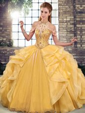 Discount Gold Sleeveless Beading and Ruffles Floor Length Ball Gown Prom Dress