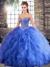 Blue Sweetheart Neckline Beading and Ruffles Quinceanera Dresses Sleeveless Lace Up