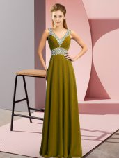 Attractive Olive Green Empire Beading Lace Up Chiffon Sleeveless Floor Length