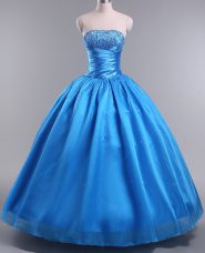 Strapless Sleeveless Lace Up Quinceanera Gown Blue Organza