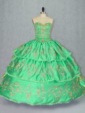 Satin and Organza Sweetheart Sleeveless Lace Up Embroidery and Ruffled Layers Sweet 16 Quinceanera Dress in Green