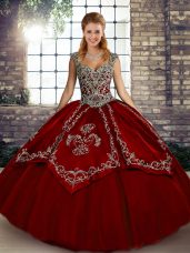 Straps Sleeveless Quinceanera Dresses Floor Length Beading and Embroidery Wine Red Tulle