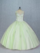 V-neck Sleeveless Quince Ball Gowns Beading Yellow Green Tulle