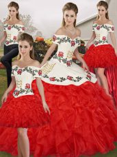 Best White And Red Organza Lace Up Quinceanera Dresses Sleeveless Floor Length Embroidery and Ruffles