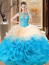 Fantastic Scoop Sleeveless Fabric With Rolling Flowers 15th Birthday Dress Beading and Ruffles Lace Up