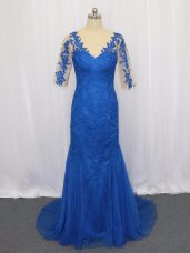 3 4 Length Sleeve Tulle Brush Train Zipper Prom Evening Gown in Blue with Lace and Appliques