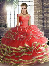 Off The Shoulder Sleeveless Tulle Vestidos de Quinceanera Beading and Ruffled Layers Lace Up