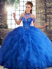 Stylish Royal Blue Tulle Lace Up Halter Top Sleeveless Floor Length Sweet 16 Dress Beading and Ruffles