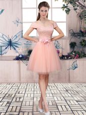 Gorgeous Tulle Short Sleeves Mini Length Casual Dresses and Lace and Hand Made Flower