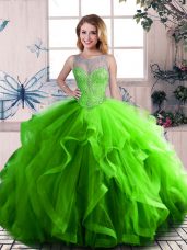 Ideal Scoop Sleeveless Quinceanera Dresses Beading and Ruffles Green Tulle