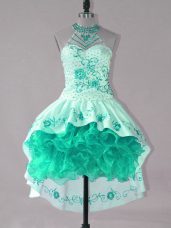 Stylish Turquoise Lace Up Strapless Embroidery and Ruffles Dress for Prom Satin and Organza Sleeveless