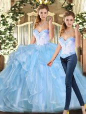 Cute Sweetheart Sleeveless 15th Birthday Dress Floor Length Beading and Ruffles Blue Organza