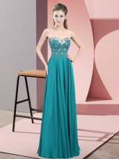 Beading Prom Dress Teal Zipper Sleeveless Floor Length