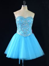 Aqua Blue A-line Sweetheart Sleeveless Tulle Mini Length Lace Up Beading Party Dresses