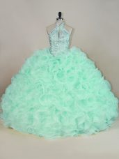 Affordable Apple Green Halter Top Lace Up Beading and Ruffles Quinceanera Gowns Brush Train Sleeveless