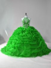 Top Selling Green 15th Birthday Dress Organza Court Train Sleeveless Beading and Pick Ups