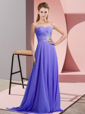 Ideal Lavender Evening Dress Prom and Party and Military Ball with Beading and Ruching Halter Top Sleeveless Lace Up