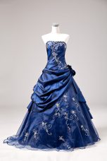 Blue One Shoulder Lace Up Embroidery and Hand Made Flower Quinceanera Gown Sleeveless