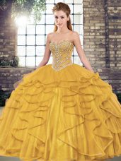 High End Sleeveless Tulle Floor Length Lace Up Sweet 16 Dress in Gold with Beading and Ruffles