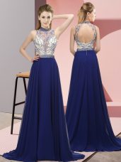 Royal Blue Celeb Inspired Gowns Chiffon Brush Train Sleeveless Beading