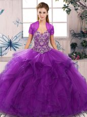 Fabulous Purple Ball Gowns Off The Shoulder Sleeveless Tulle Floor Length Lace Up Beading and Ruffles Quinceanera Gowns