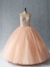 Classical Peach Lace Up Scoop Beading Vestidos de Quinceanera Tulle Sleeveless