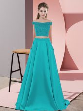 Teal Backless Off The Shoulder Beading Juniors Evening Dress Elastic Woven Satin Sleeveless Sweep Train