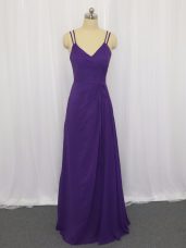 Purple Chiffon Zipper Prom Party Dress Sleeveless Floor Length Ruching