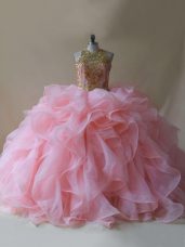 Baby Pink Scoop Backless Beading and Ruffles Vestidos de Quinceanera Brush Train Sleeveless