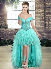 Modest Sleeveless High Low Beading and Ruffles Lace Up Evening Gowns with Aqua Blue