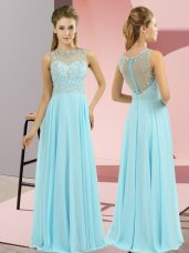 Pretty Baby Blue Empire High-neck Sleeveless Chiffon Floor Length Zipper Beading Evening Dress