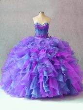 Sumptuous Sleeveless Floor Length Beading and Appliques and Ruffles Lace Up 15th Birthday Dress with Multi-color