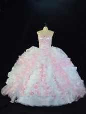 Glorious Sleeveless Floor Length Beading and Pick Ups Lace Up 15 Quinceanera Dress with Pink And White