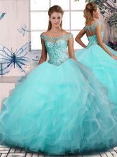 Tulle Sleeveless Floor Length 15 Quinceanera Dress and Beading and Ruffles