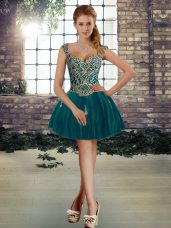 Custom Made Straps Sleeveless Lace Up Party Dresses Dark Green Tulle