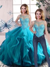 Fantastic Floor Length Two Pieces Sleeveless Aqua Blue 15th Birthday Dress Lace Up