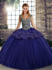 Luxury Ball Gowns 15 Quinceanera Dress Purple Straps Tulle Sleeveless Floor Length Lace Up