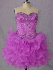 Inexpensive Beading and Ruffles Party Dress for Girls Lilac Lace Up Sleeveless Mini Length