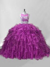 Fuchsia Zipper Scoop Beading and Ruffles Vestidos de Quinceanera Organza Sleeveless Brush Train