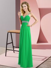 Spectacular Green Chiffon Criss Cross Straps Sleeveless Floor Length Beading