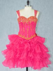 Fantastic Hot Pink Ball Gowns Halter Top Sleeveless Organza Mini Length Lace Up Beading and Ruffled Layers Homecoming Party Dress