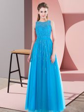 Sleeveless Tulle Floor Length Side Zipper Custom Made Pageant Dress in Aqua Blue with Beading