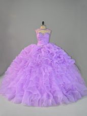 Glorious Lavender Scoop Lace Up Beading and Ruffles Vestidos de Quinceanera Sleeveless