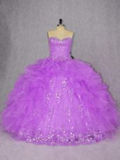 Purple Ball Gowns Sweetheart Sleeveless Organza Floor Length Lace Up Appliques and Ruffles 15th Birthday Dress