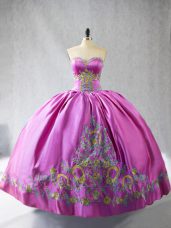 Sleeveless Floor Length Embroidery Lace Up 15th Birthday Dress with Rose Pink