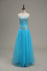 Sweet Floor Length Aqua Blue Going Out Dresses Tulle Sleeveless Beading